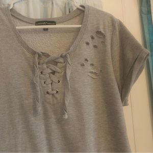 Womens XL Grey cotton/polyester T-dress dress. Scoop tie up neck